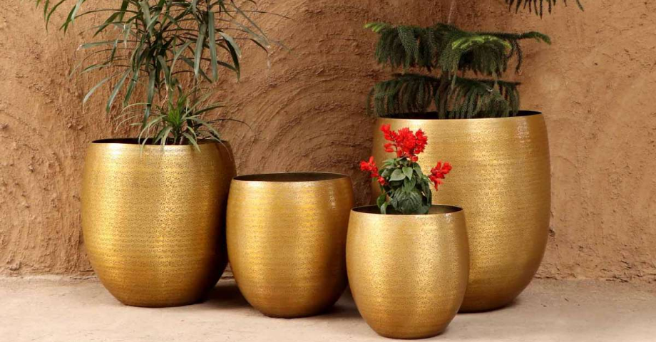 P-TAL Messing-Blumentopf - Mittelgroß, Goldfarben Mit Gehämmertem Boden Für Garten & Balkon