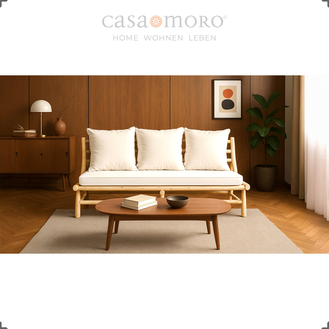 3 Sitzer Sofa aus massivem Teakholz, Creme-Kissen abnehmbar und waschbar