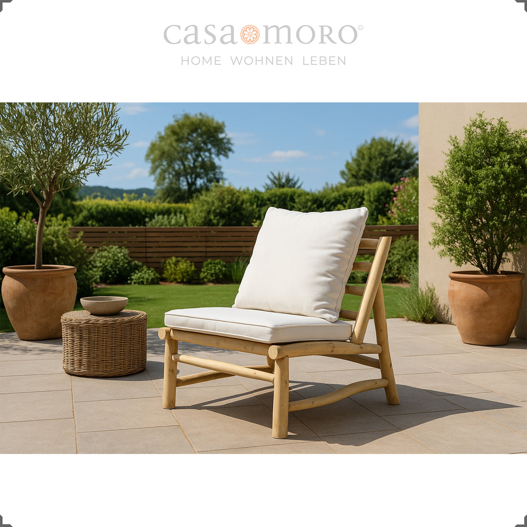 Garten-Sessel aus massivem Teakholz, handgefertigtes Unikat mit abnehmbaren, waschbaren Bezügen