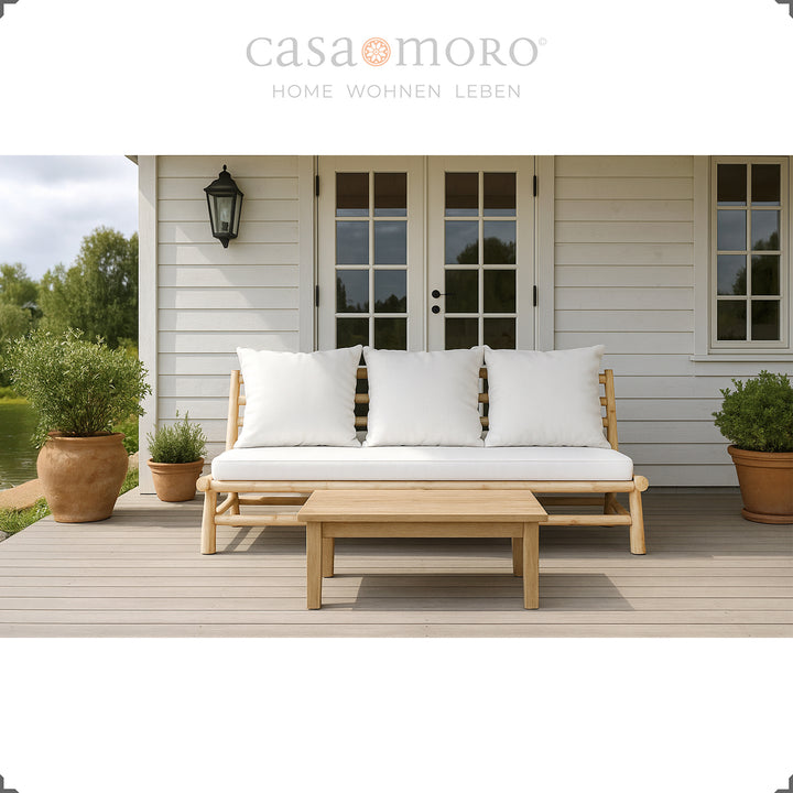 Gartensofa dreisitzer aus Teakholz mit formstabilen PU-Schaum-Kissen, Outdoor geeignet