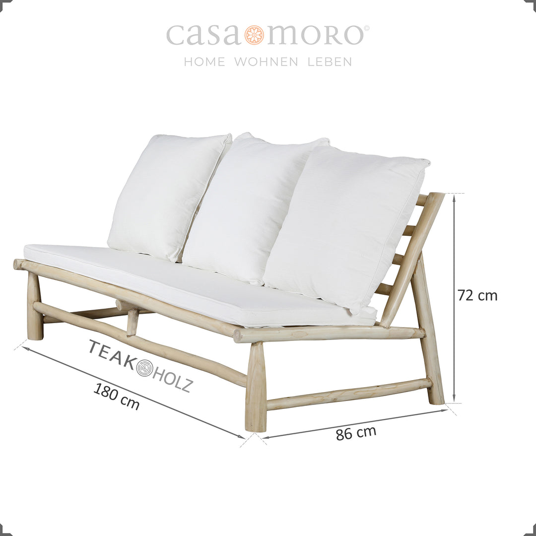 Outdoor Lounge-Sofa dreisitzer aus Teakholz, inklusive bequemer Kissen in Creme-Weiß