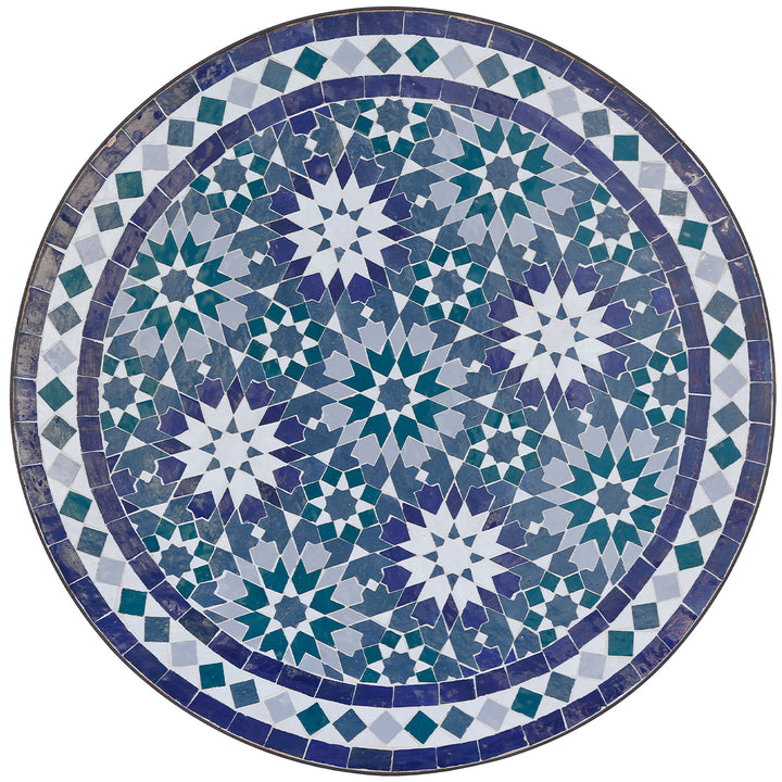 Gartentisch Rund Ø 60 cm mit marokkanischem Mosaik aus Zellige-Fliesen in Blau, Grün und Weiß