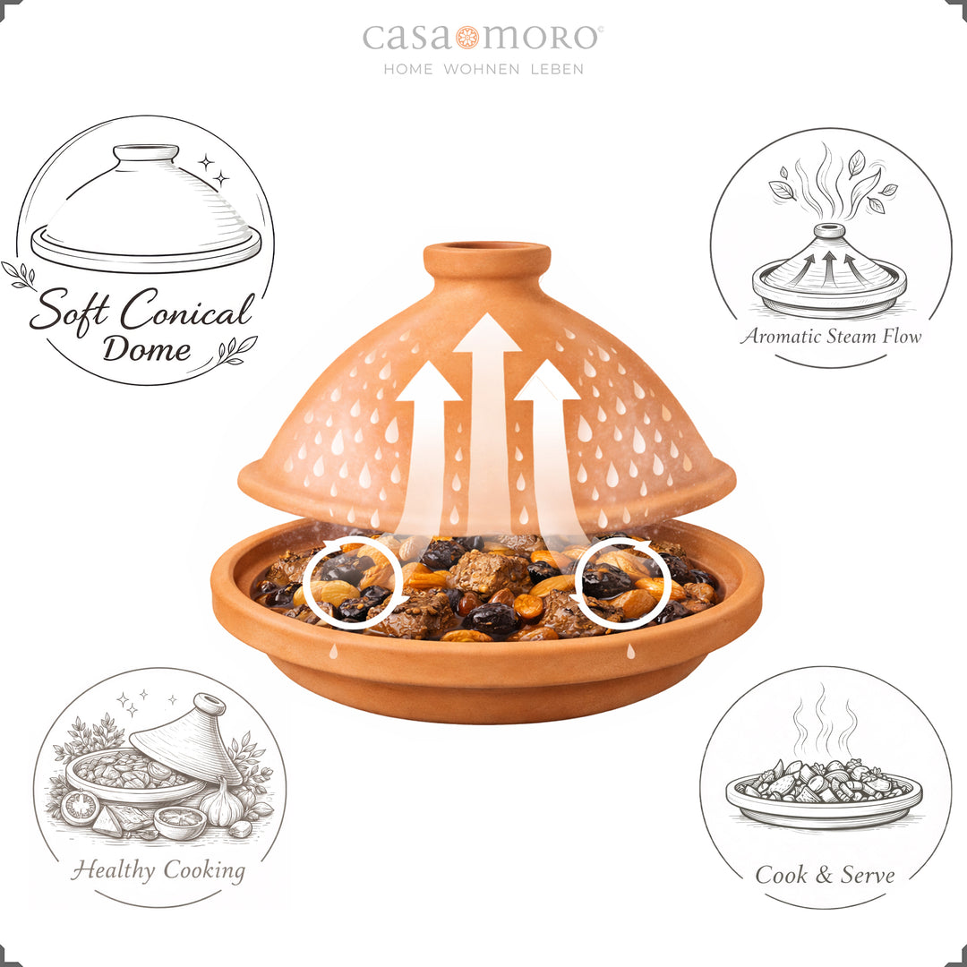 Tagine als unglasiert Schmortopf aus Ton und Lehmerde, ideal für Lamm oder vegetarisch Rezepte