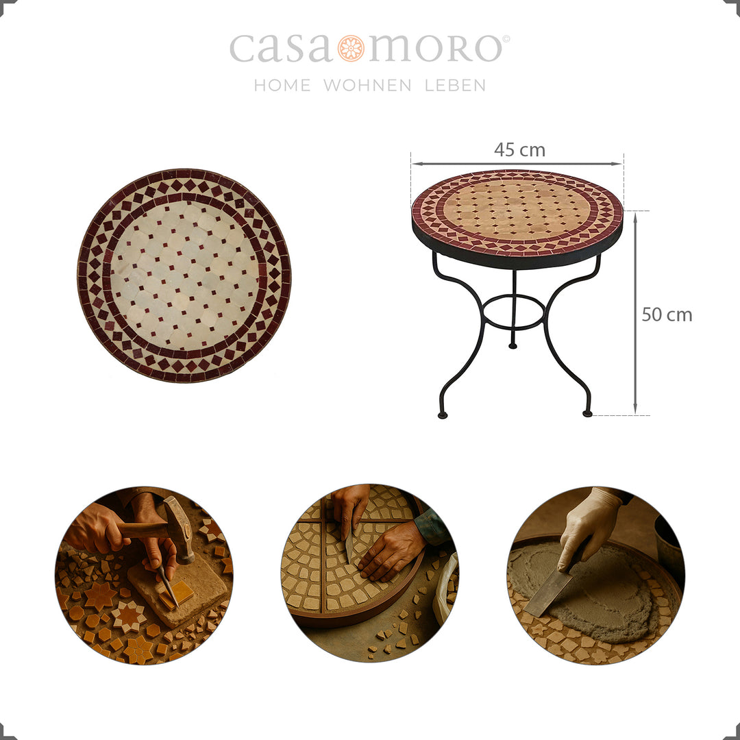 Beistelltisch mit Zellige-Mosaik in Bordeaux-Terracotta, flexibel für Küche, Garten Flur oder Terrasse