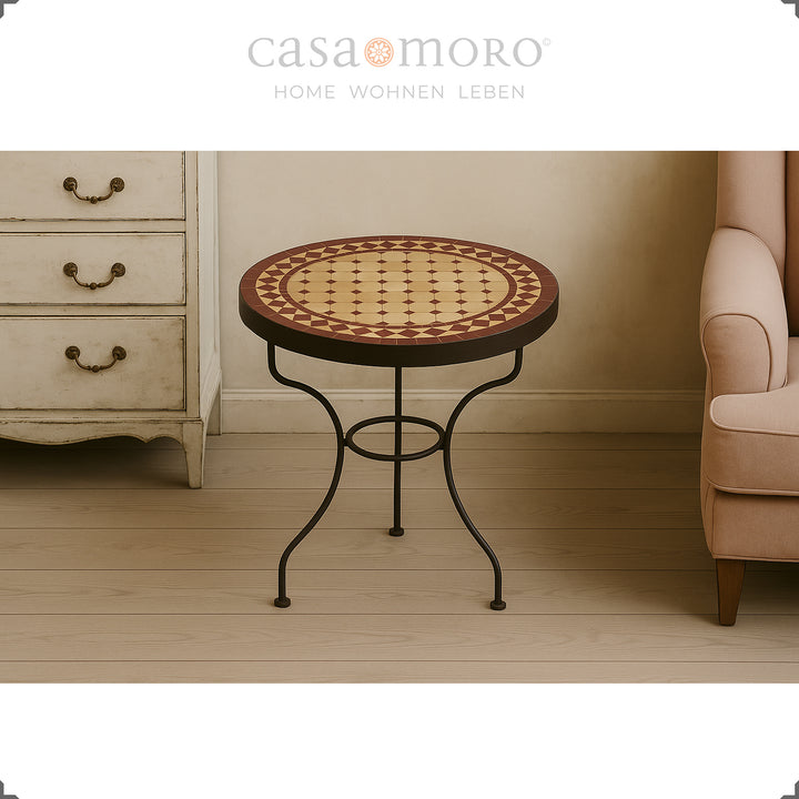 Ablagetisch mit Bordeaux-Terracotta-Mosaik, 45 cm Durchmesser, Tischhöhe 50 cm