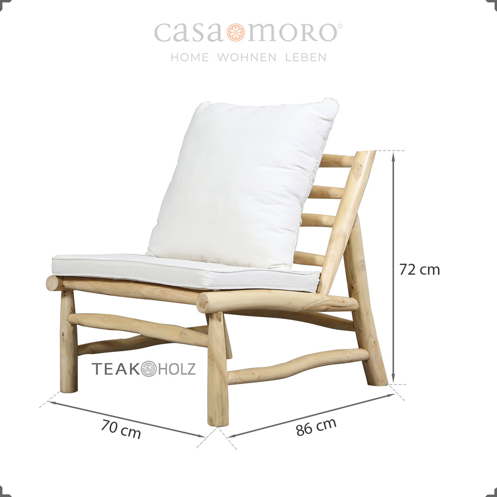 Loungesessel aus naturbelassenem Teakholz mit PU-Schaum Kissen, geeignet für Outdoor Nutzung