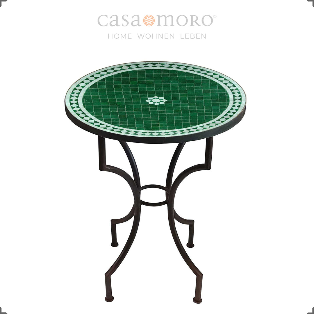 Round garden table 60 cm with green mosaic and curved metal frame