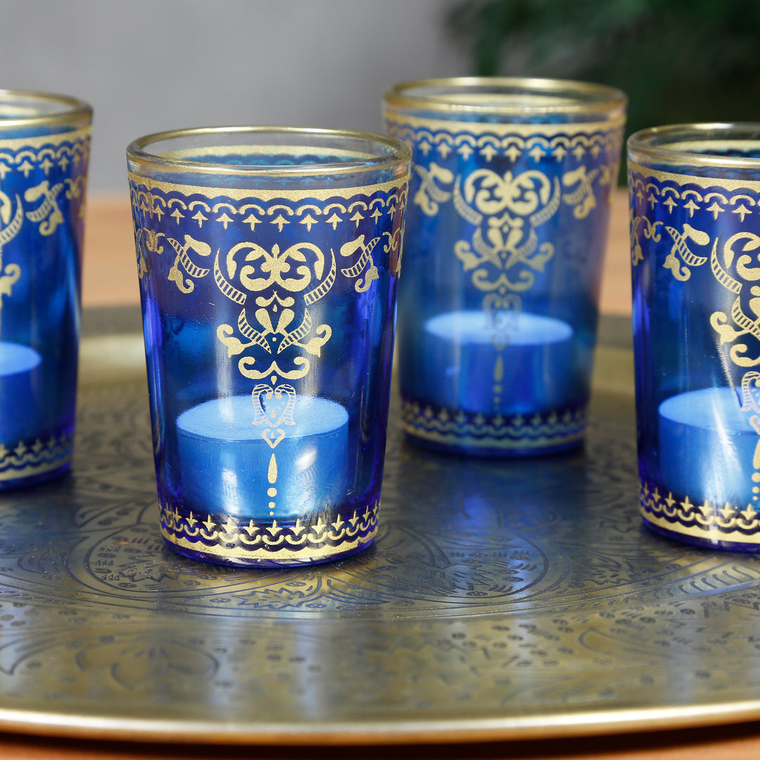 Teelichtglas Blau Gold 4er Set