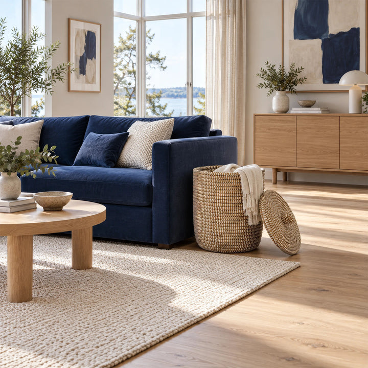 Seegraskorb mit ca. 65 Litern Volumen, heller Decke und angelehntem Deckel neben einem blauen Sofa.