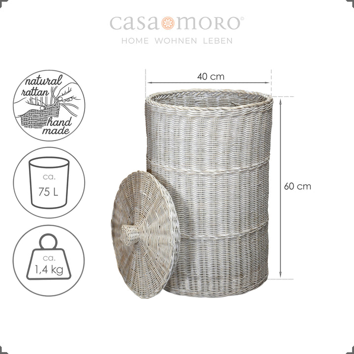 Runder Aufbewahrungskorb aus White Wash Rattan mit ca. 75 L Volumen und 60 cm Höhe, handgefertigt