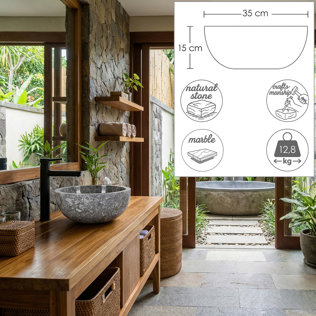 Marmor Aufsatzwaschbecken aus Naturstein auf Holzkonsole, rundes Waschbecken im Spa Bad mit Maßgrafik