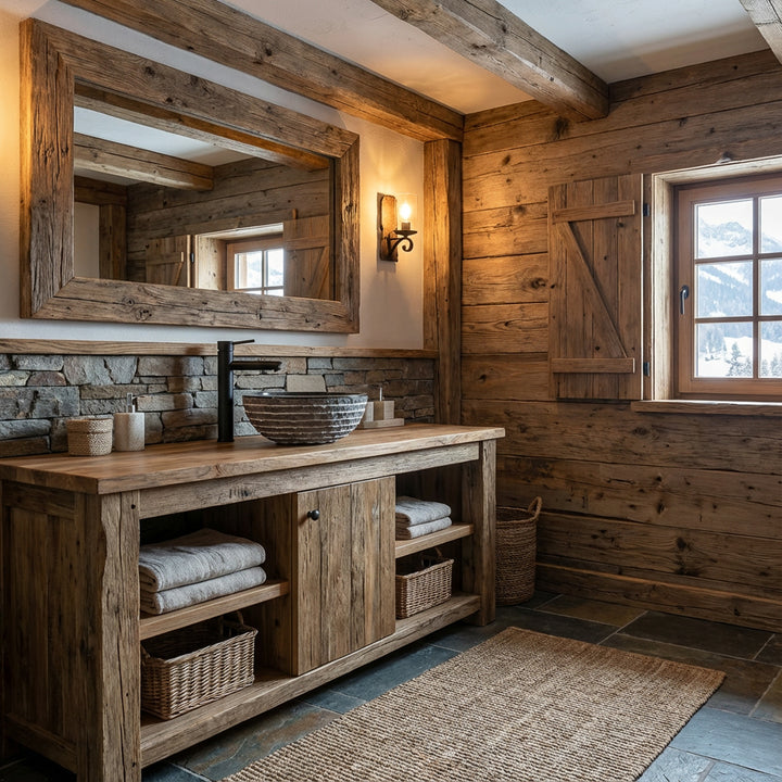 Rundes Aufsatzwaschbecken aus Naturstein auf rustikalem Holzwaschtisch im gemütlichen Chalet-Badezimmer mit Steinwand und warmem Licht