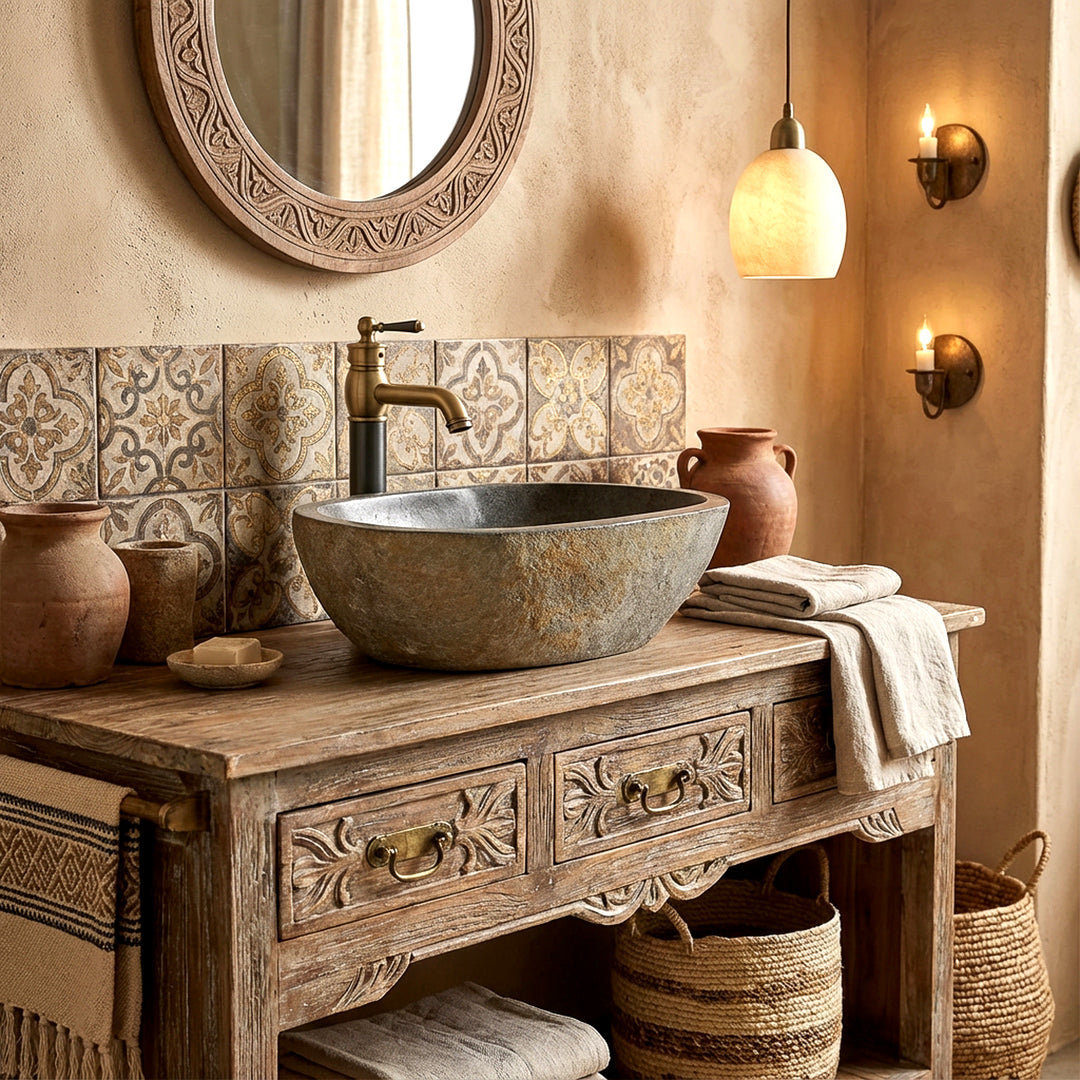 Aufsatzbecken aus Flussstein im warmen Orientbad auf Holzwaschtisch, kombiniert mit Messingarmatur und handwerklichem Ambiente