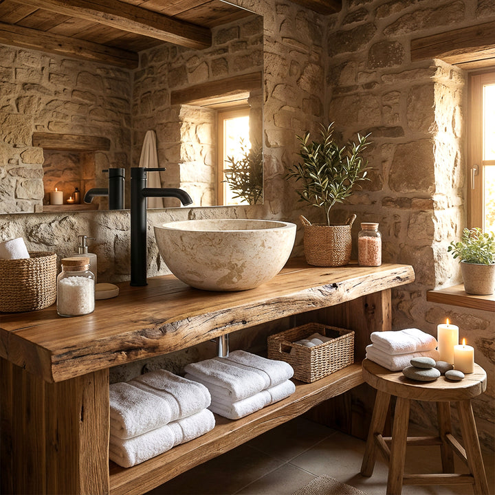 Rundes Aufsatzwaschbecken aus hellem Stein auf massiver Holzkonsole mit schwarzer Armatur im warmen Natursteinbad