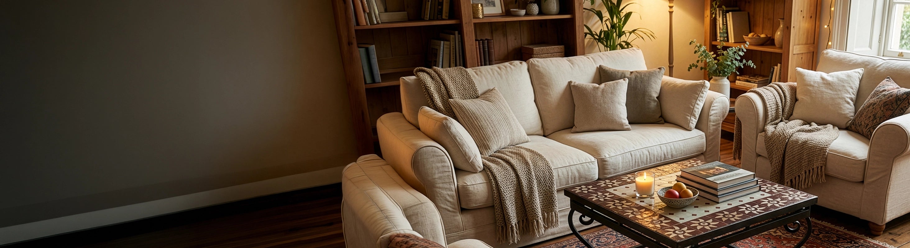 Couch-Mosaiktische 60x60 – Niedriger Mosaiktisch 60x60 cm mit Zellige-Fliesen als Couchtisch im Wohnzimmer vor Sofa mit Kissen, Kerze und Dekoration