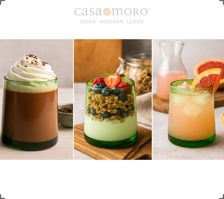 Grünes Glas mit Dessert befüllt – ideal für Schichtcremes & Mousse