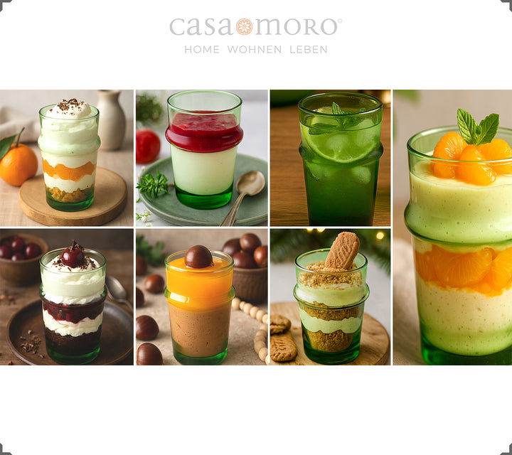 Feine Desserts im grünen Gläser Set – stimmungsvoll angerichtet für Feste oder Alltag