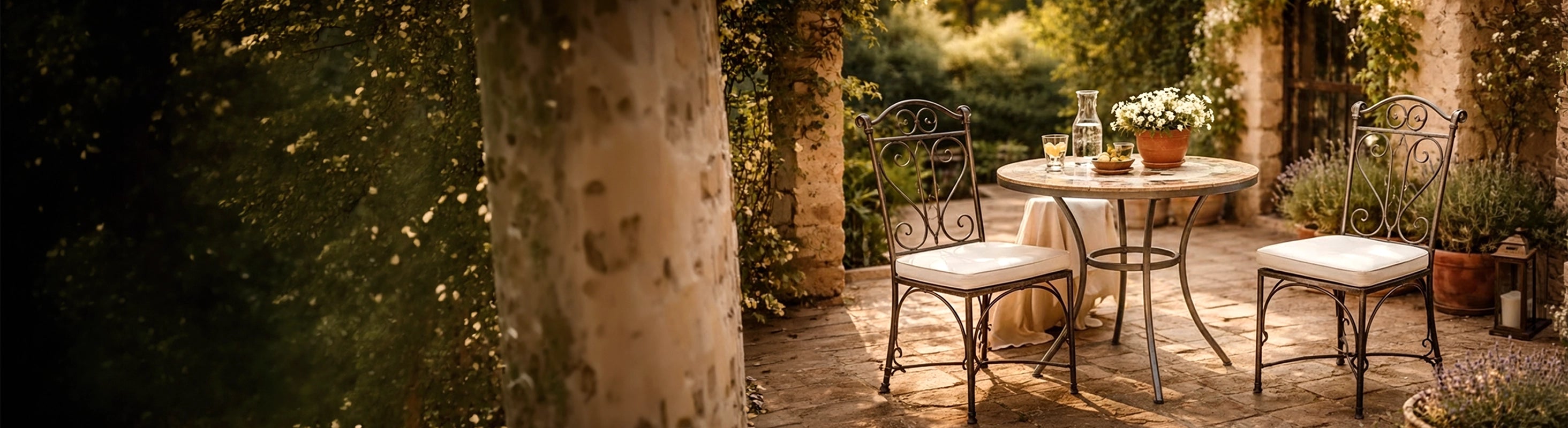 Eisen-Stühle – Schmiedeeiserne Stühle mit Sitzkissen an rundem Tisch auf mediterraner Terrasse mit Natursteinboden und Pflanzen