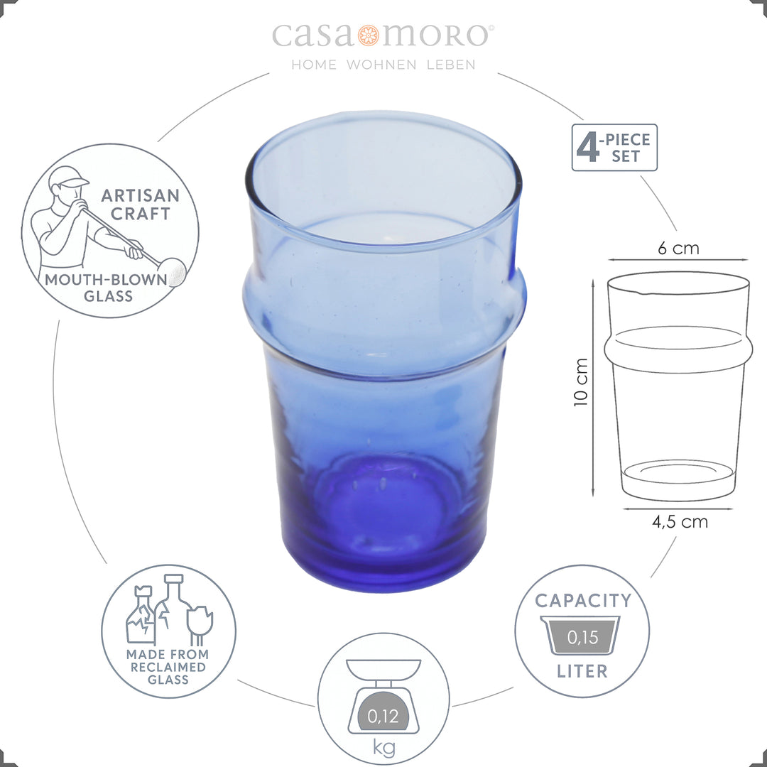 Blaues Glas mit grafischer Darstellung von Maßen und Volumen – ideal für Espresso oder Macchiato