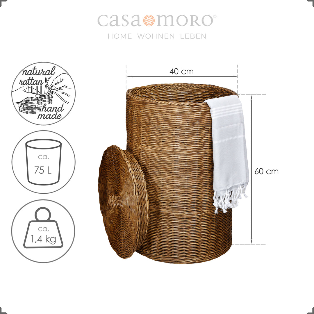 Handgeflochtener Wäschekorb aus dunklem Natur-Rattan, 60 cm hoch, mit 75 L Volumen und weißem Tuch