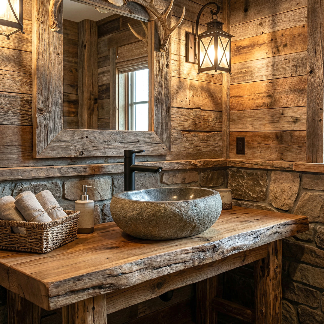 Waschbecken aus River Stone in rustikalem Badezimmer auf massiver Holzkonsole mit schwarzer Armatur und warmer Beleuchtung