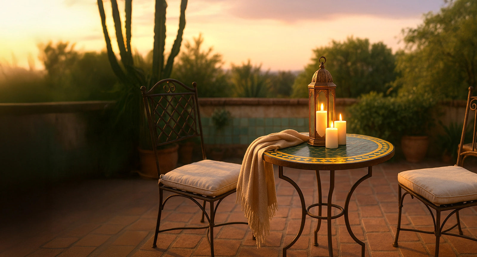 Runder Gartentisch mit Mosaikplatte, schmiedeeisernen Stühlen und Laternen bei Sonnenuntergang auf Terrasse