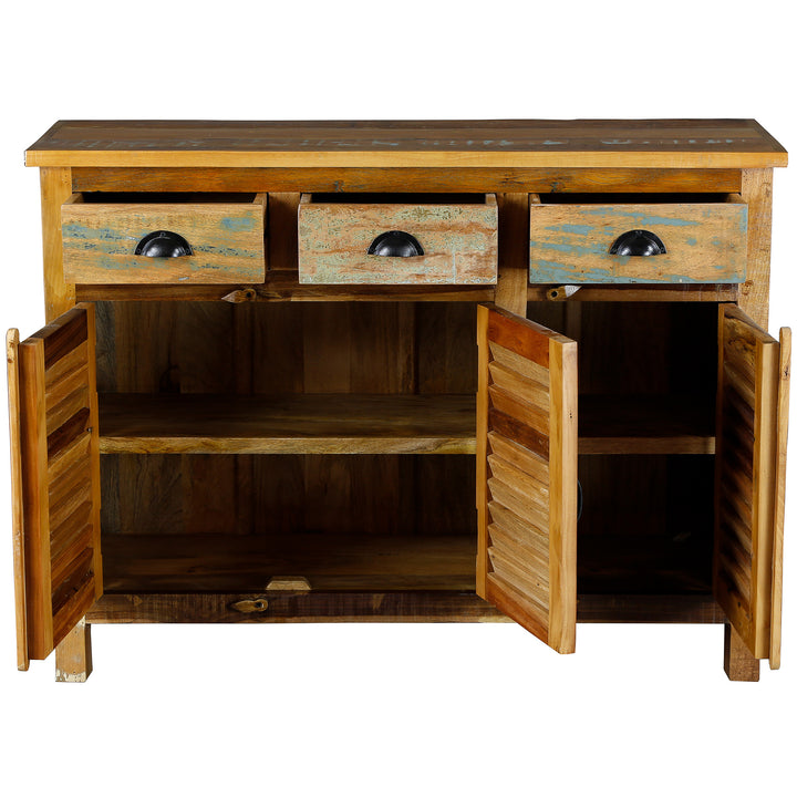 Highboard fürs Wohnzimmer aus altholz mit Schubladen aus massivem Holz im Vintage-Stil