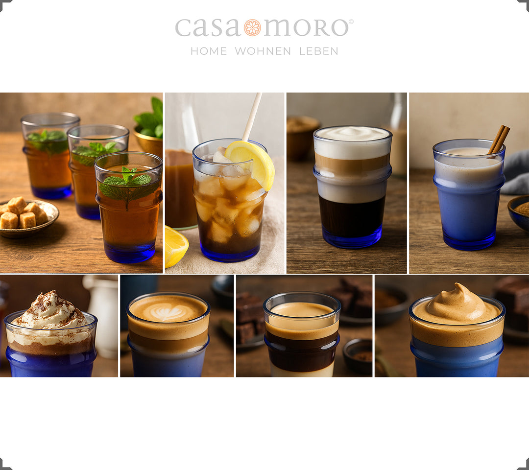 Gläser aus bläulichem Glas in der Nahaufnahme – typisches Oberflächenbild mundgeblasener Kaffeegläser