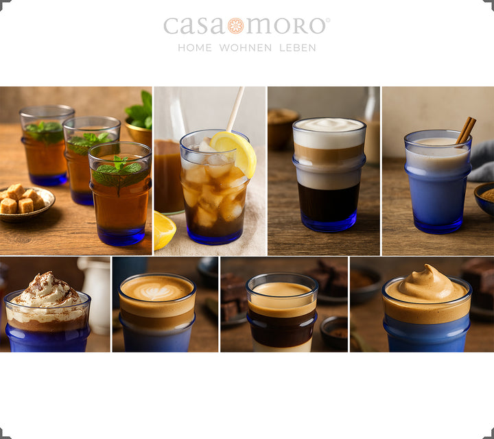 Gläser aus bläulichem Glas in der Nahaufnahme – typisches Oberflächenbild mundgeblasener Kaffeegläser
