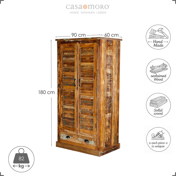 Kleiderschrank aus Massivholz und Altholz im Vintage-Stil, 180 cm hoch, freistehend gezeigt