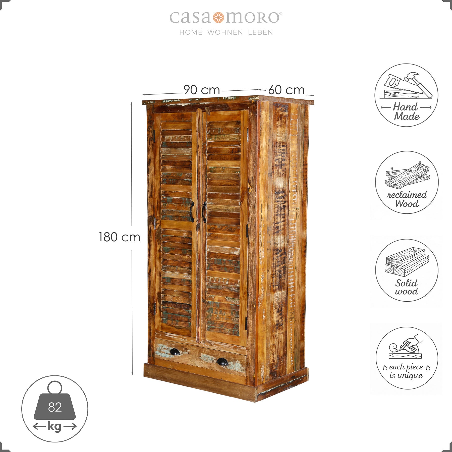 Massivholz Kleiderschrank – 180 cm hoch – CASA-MORO
