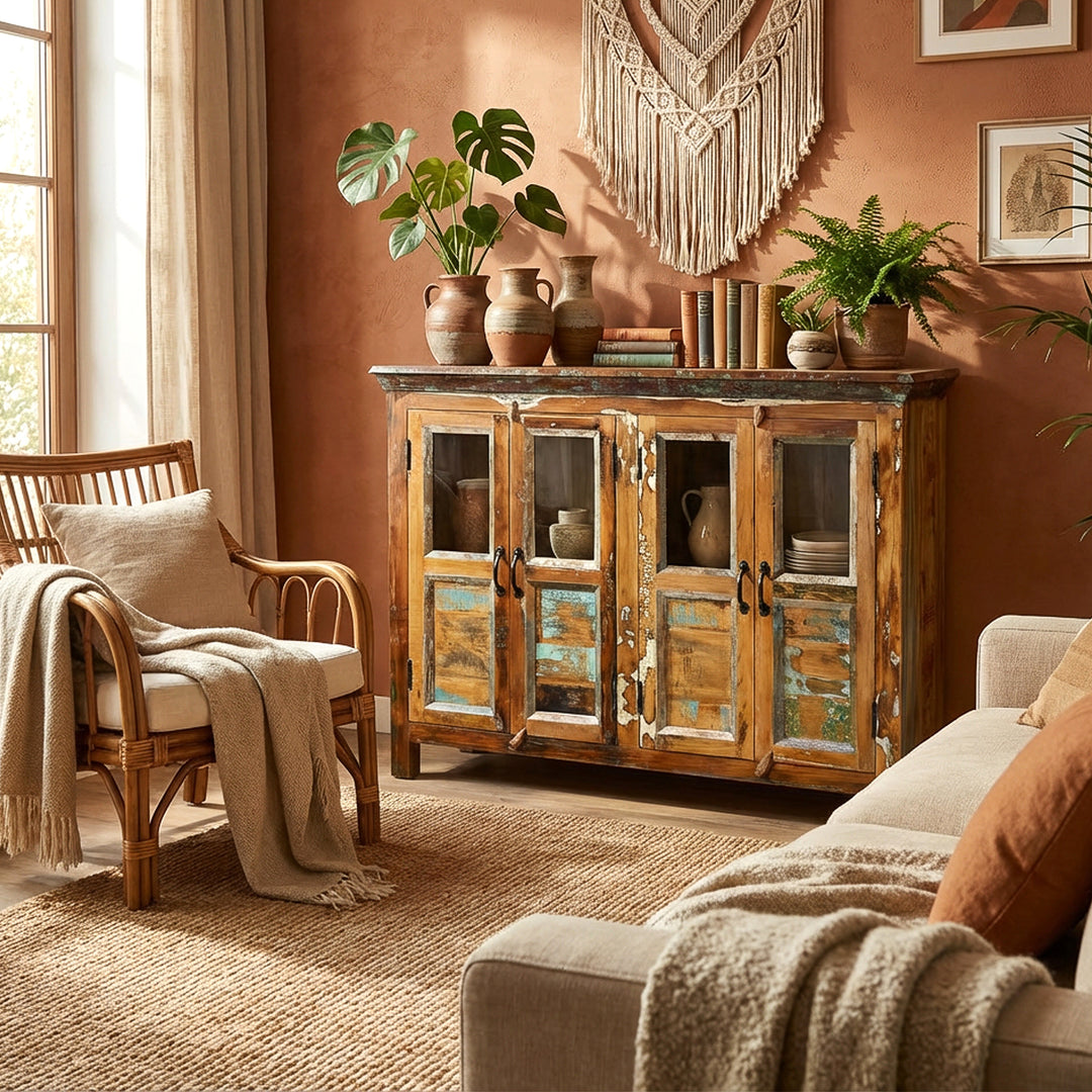 Sideboard aus Massivholz mit Glastüren in einem Boho- Wohnzimmer