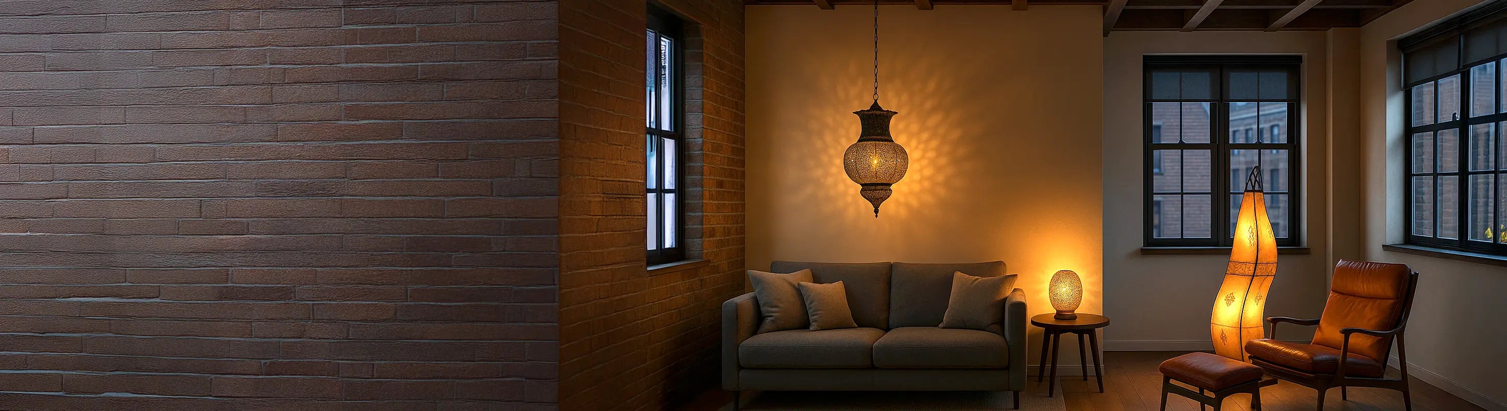 Lampen & Leuchten – Wohnzimmer mit orientalischer Hängelampe, Tischlampe und Stehlampe – stimmungsvolle Beleuchtung neben Sofa und Sessel