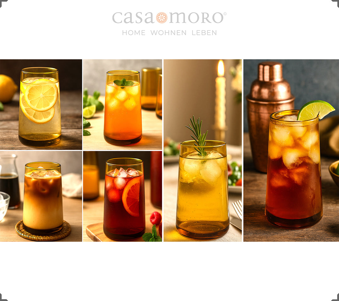 Set van vier mondgeblazen longdrinkglazen in honingbruine look – stevig en conisch van vorm