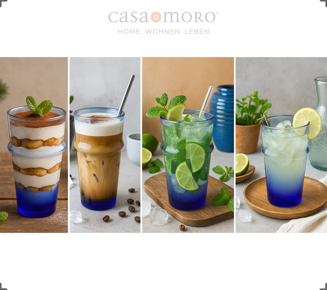Longdrinkglazen in blauw met een levendige glasstructuur, mondgeblazen in traditionele stijl