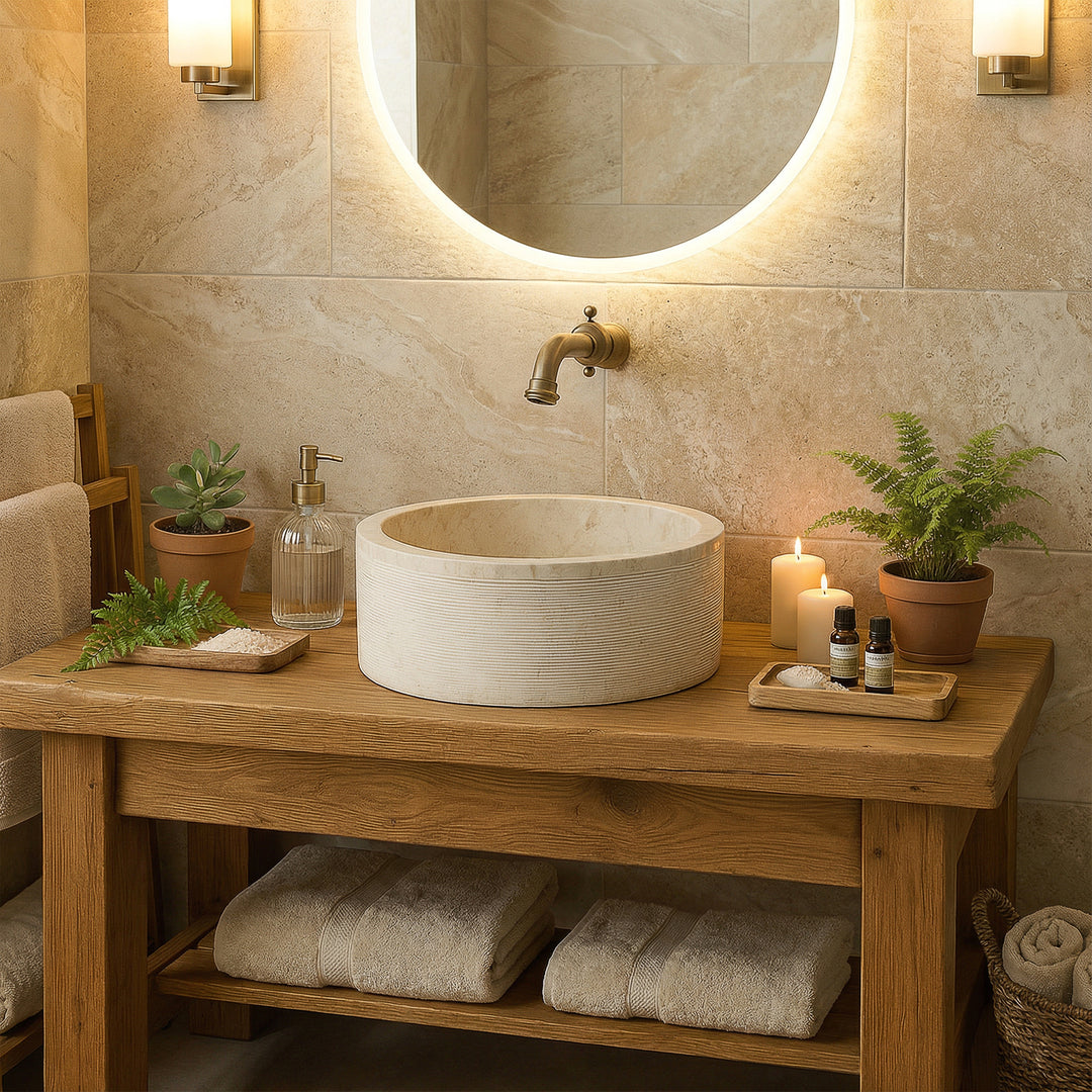 Rundes Aufsatzwaschbecken aus hellem Marmor auf Holzwaschtisch, harmonisch inszeniert im warmen Spa-Bad mit Kerzen.