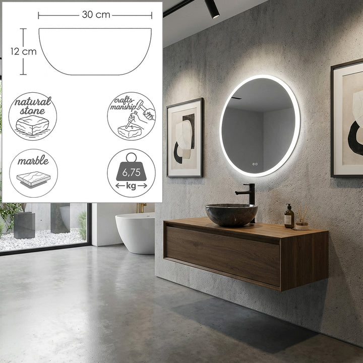 Rundes Aufsatzwaschbecken aus Naturstein auf schwebendem Holzwaschtisch im modernen Bad mit integrierter Maßgrafik