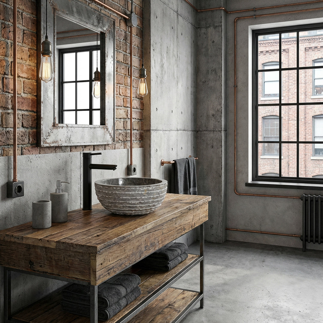 Rundes Steinwaschbecken aus Marmor auf rustikalem Holztisch im Industrial-Bad mit Sichtbeton, Backstein und schwarzer Armatur