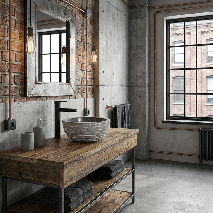 Rundes Steinwaschbecken aus Marmor auf rustikalem Holztisch im Industrial-Bad mit Sichtbeton, Backstein und schwarzer Armatur