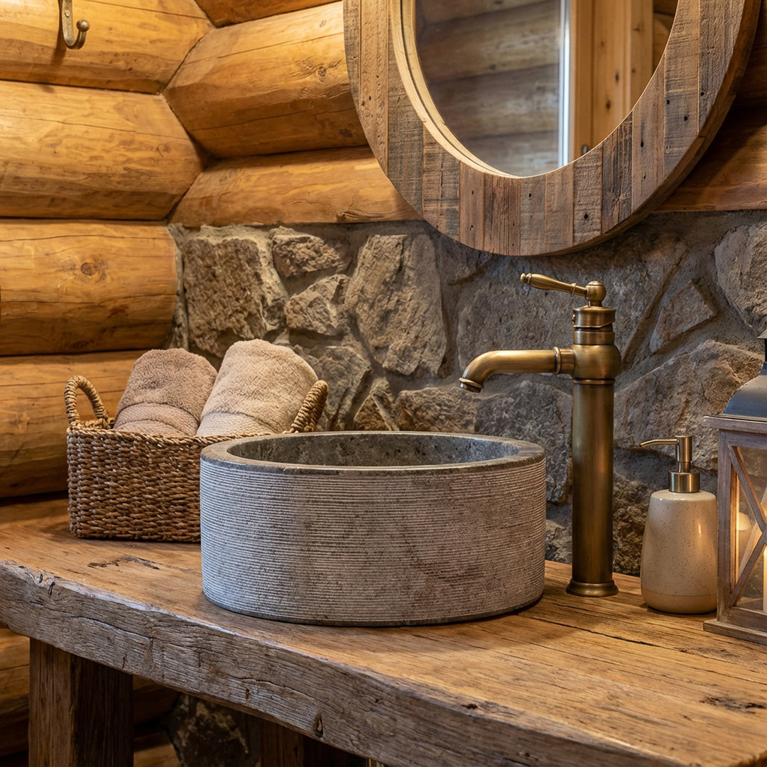 Rundes Marmor-Waschbecken auf rustikaler Holzkonsole mit Messingarmatur im gemütlichen Chaletbad, warm beleuchtet.