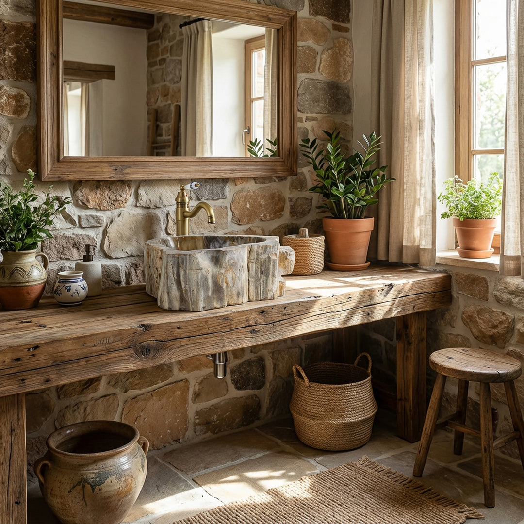 Aufsatzbecken aus Stein mit fossiler Holzstruktur auf rustikaler Holzkonsole, naturnahes Badezimmer mit Steinwand und Tageslicht.