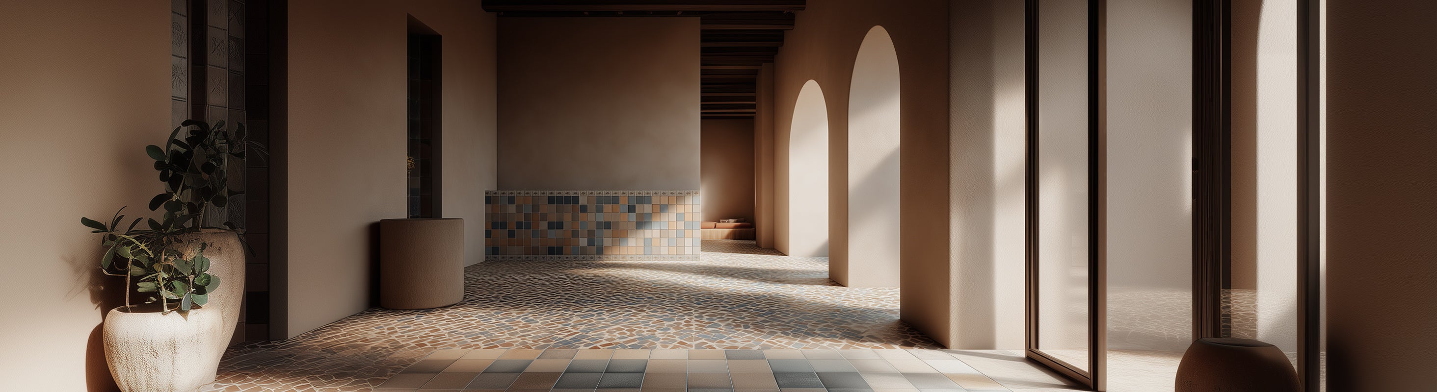 Fliesen – Mediterraner Innenhof mit geometrischen Mosaik-Fliesen am Boden und ruhigen Wandflächen im maurischen Stil.