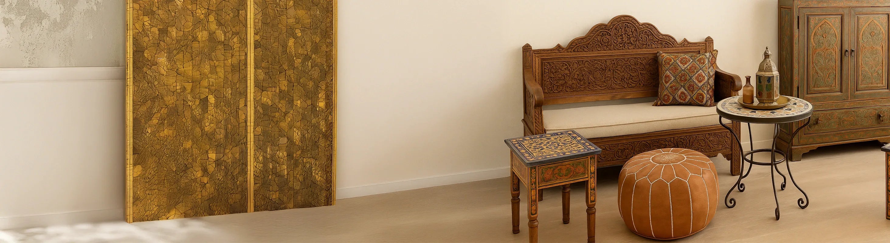 Marokkanische Möbel – Ein stilvoll eingerichtetes Wohnzimmer mit handgefertigten marokkanischen Möbeln aus Holz, Mosaik und Metall im orientalischen Design.