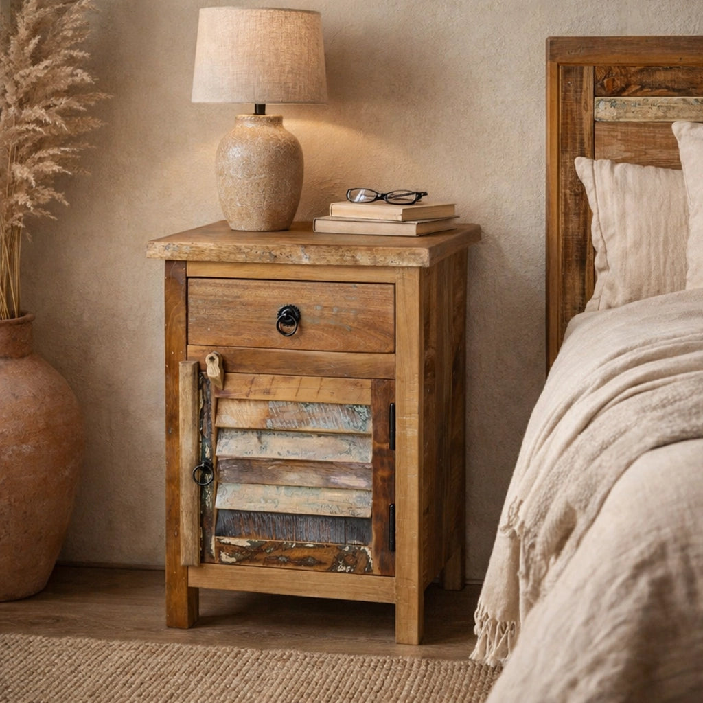 Massivholz Kommode aus Altholz mit Schublade und Tür im Schlafzimmer neben Bett und Tischlampe
