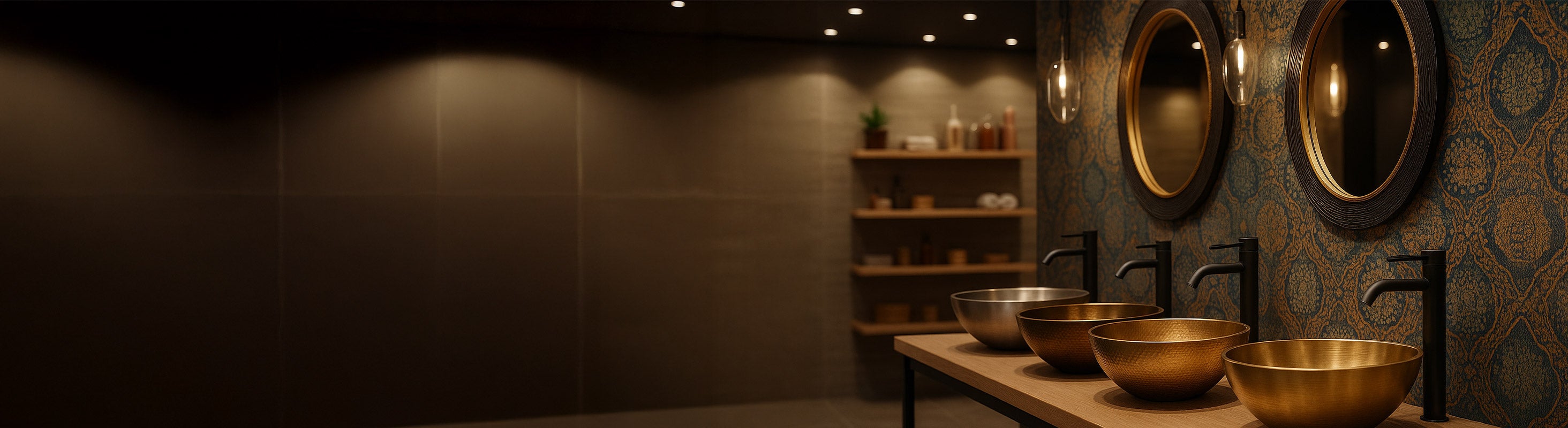 Metall Waschbecken – Vier hochwertige Metall-Waschbecken in verschiedenen Formen aus Gold, Bronze und Edelstahl auf Holzplatte vor gemusterter Wand mit Spiegeln