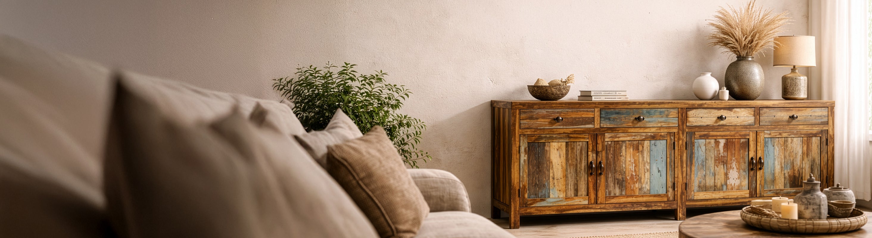 Möbel aus Massivholz – Banner der Creative Collection mit HANDMADE Möbeln aus Massivholz und Mango-Altholz im Vintage-Boho-Stil