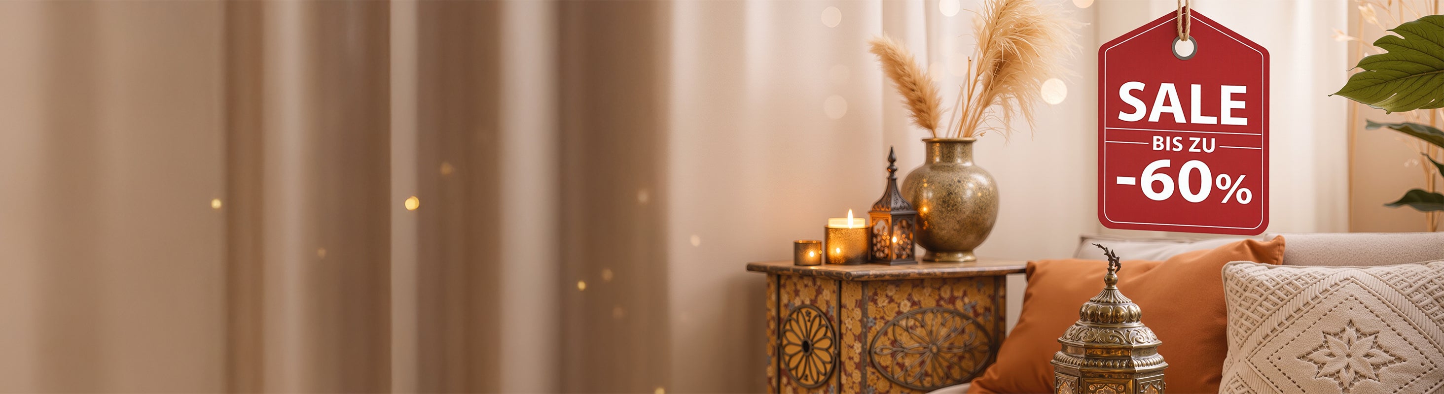% Sale – Boho-Wohnszene mit orientalischen Möbeln, warmem Licht und Sale-Hinweis bis zu 60 % Rabatt