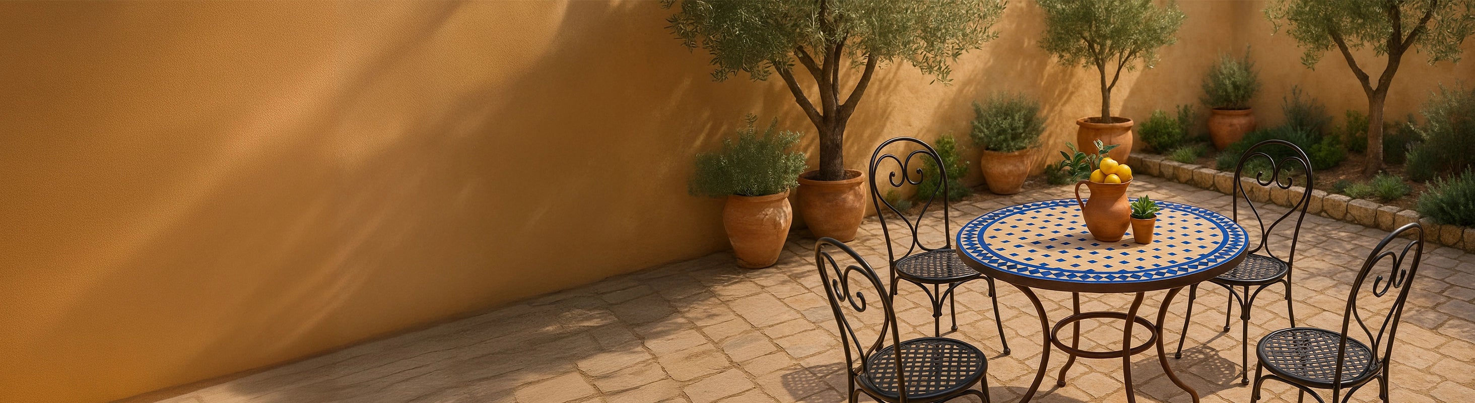 Mosaiktische Ø80 – Großer runder Mosaiktisch Ø80 cm mit Zellige-Fliesen und vier Stühlen im Garten auf Terrasse mit Pflanzen und mediterraner Umgebung