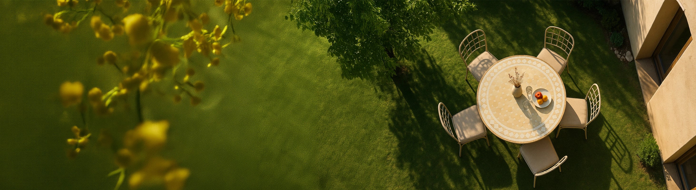 Mosaiktische Ø90 – Großer runder Mosaiktisch Ø90 cm mit Zellige-Fliesen aus der Vogelperspektive im Garten mit vier Sitzplätzen und sommerlicher Lichtstimmung