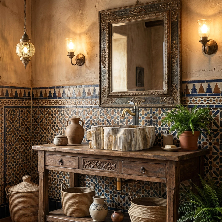 Aufsatzwaschbecken aus Naturstein mit fossiler Holzzeichnung, inszeniert auf Holzkonsole im orientalischen Badezimmer mit Mosaikfliesen.